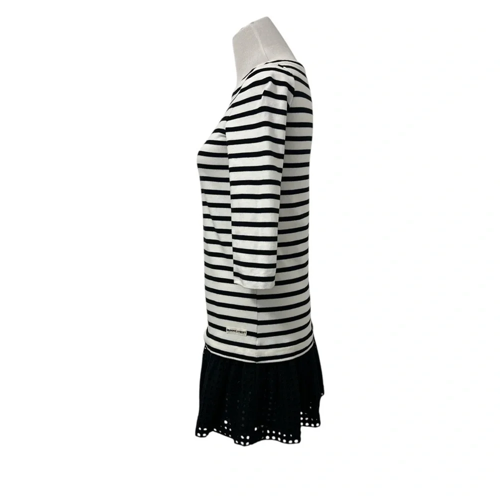 KATE SPADE Broome Street Womens Eyelet Stripe Dress Sz XS Black White Boat Neck
